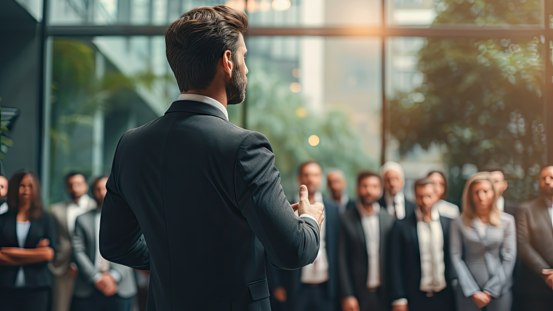 Vista de homem de costa vestindo um terno cinza escuro enquanto apresenta para uma equipe de pessoas.